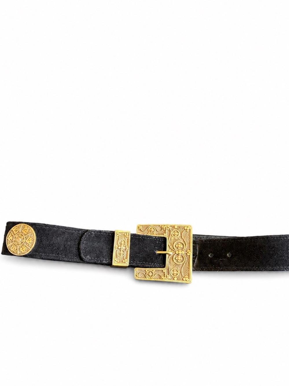 Black Suede Western Belt Ornate Gold Tone Floral Buckle
